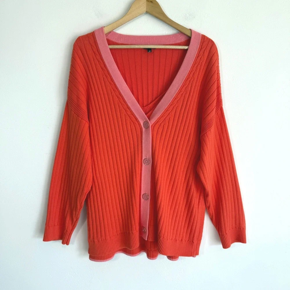 Talbots Cardigan Tank Set Ribbed Orange Pink Cotton Preppy Academia Plus Size 3X